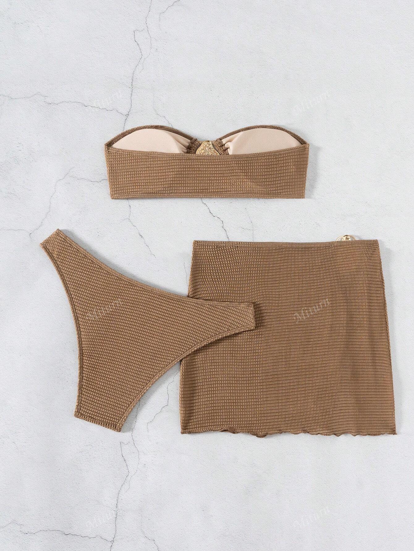 3 Peças Novo Conjunto de Maiô Bikini Fashion Sexy Cor Sólida em Marrom, Para Praia de Verão para Mulheres, Conjunto de Sutiã de Alça e Parte Inferior de Maiô Bikini