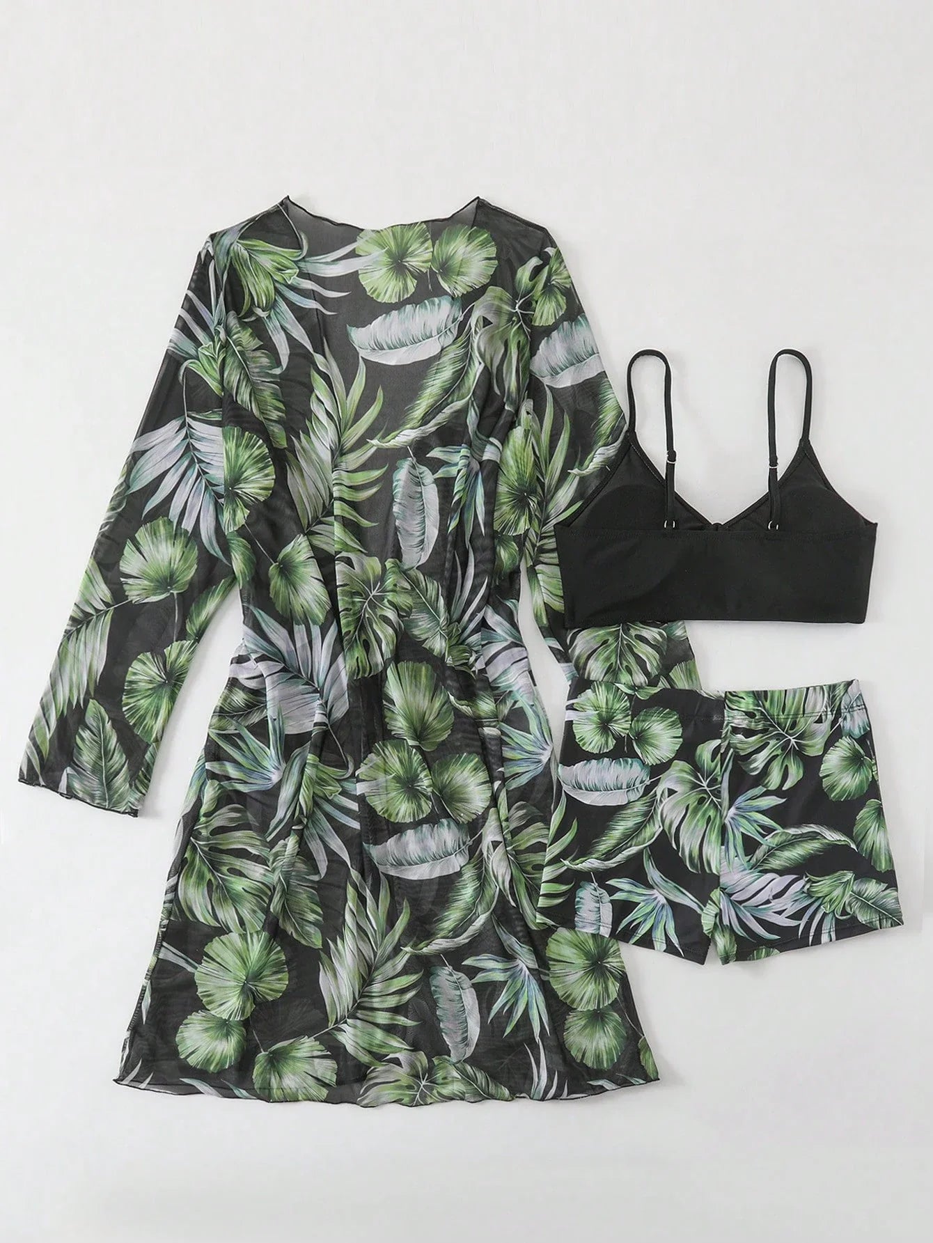 SHEIN Swim Conjunto de Maiô Bikini com alças finas e estampa contrastante de praia tropical de verão e quimono com estampa tropical