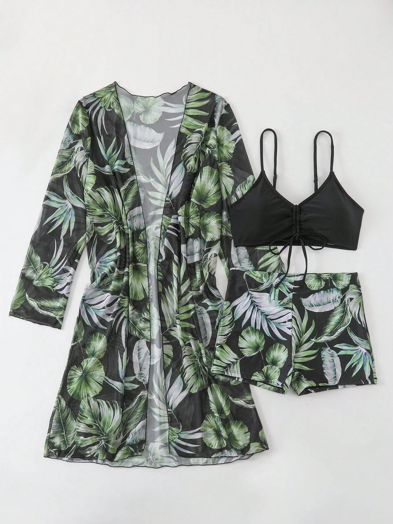 SHEIN Swim Conjunto de Maiô Bikini com alças finas e estampa contrastante de praia tropical de verão e quimono com estampa tropical