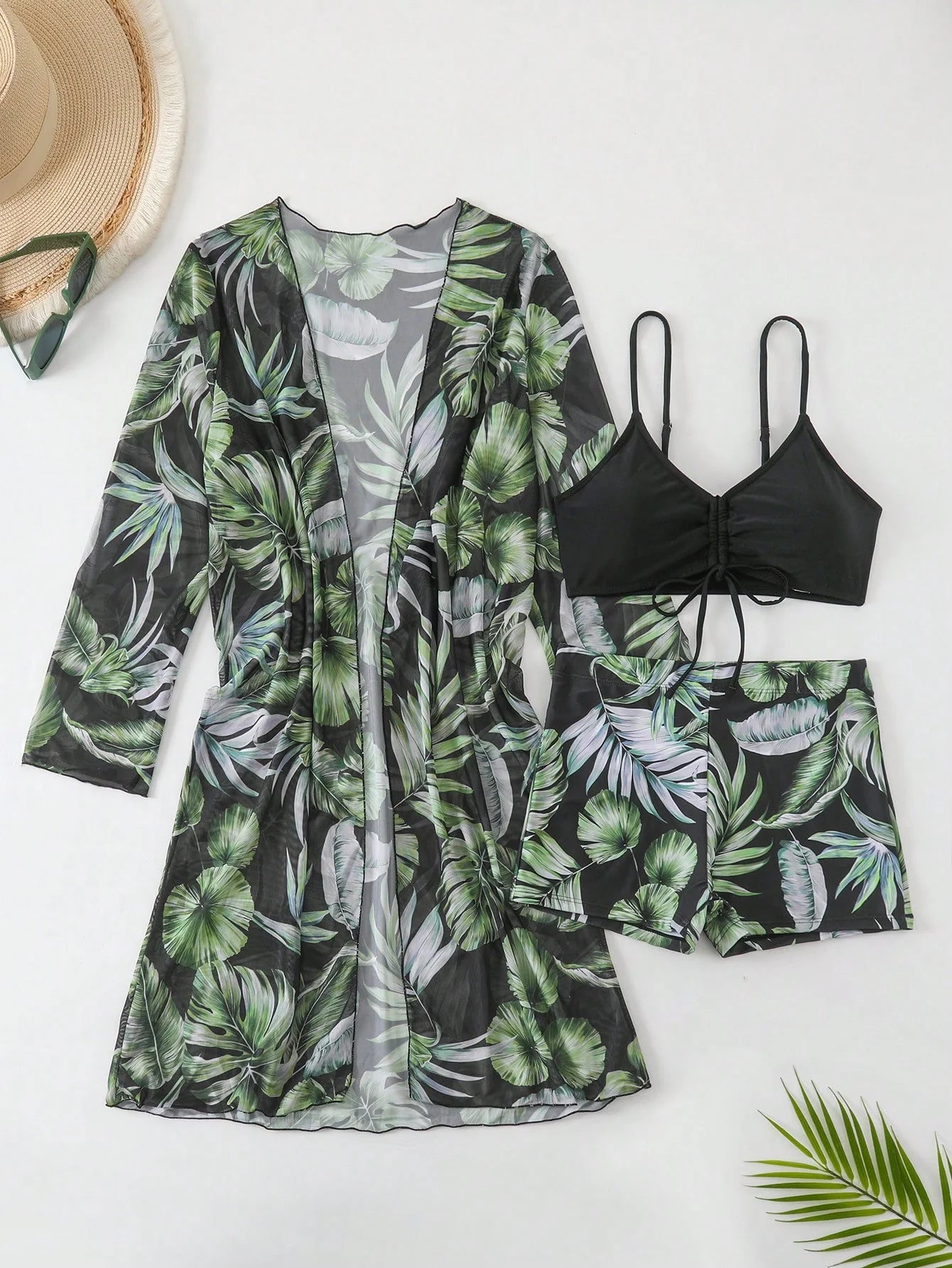 SHEIN Swim Conjunto de Maiô Bikini com alças finas e estampa contrastante de praia tropical de verão e quimono com estampa tropical