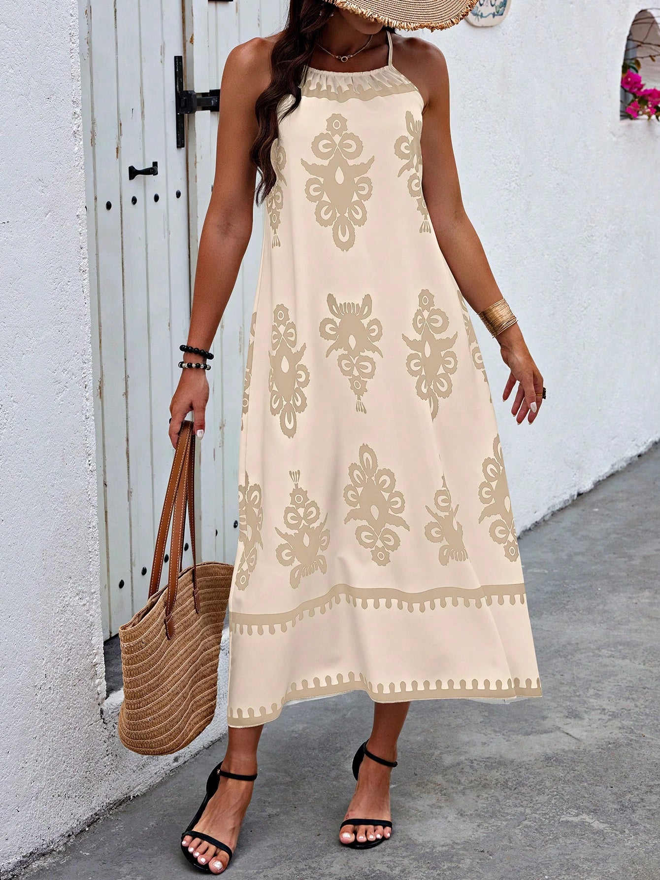 Breezaya Vestido Casual Curto Feminino com Alça Fina e Estampa Remendada, Estampa Aleatória