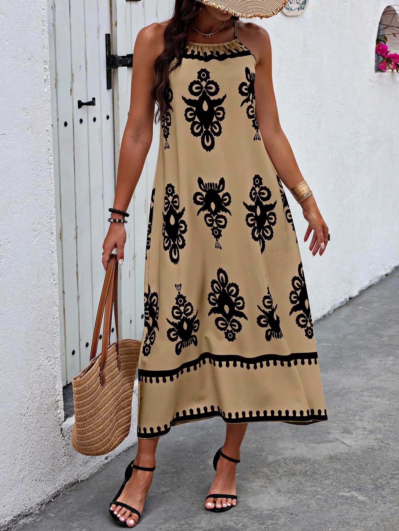 Breezaya Vestido Casual Curto Feminino com Alça Fina e Estampa Remendada, Estampa Aleatória