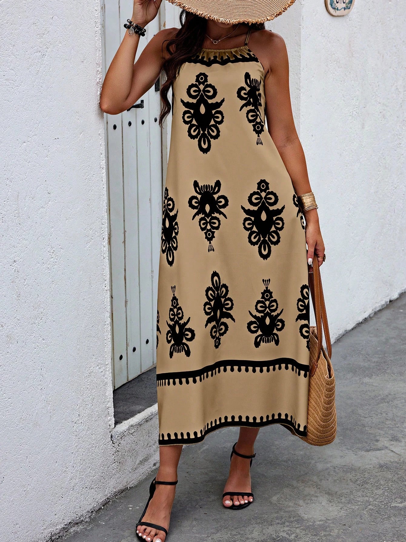 Breezaya Vestido Casual Curto Feminino com Alça Fina e Estampa Remendada, Estampa Aleatória