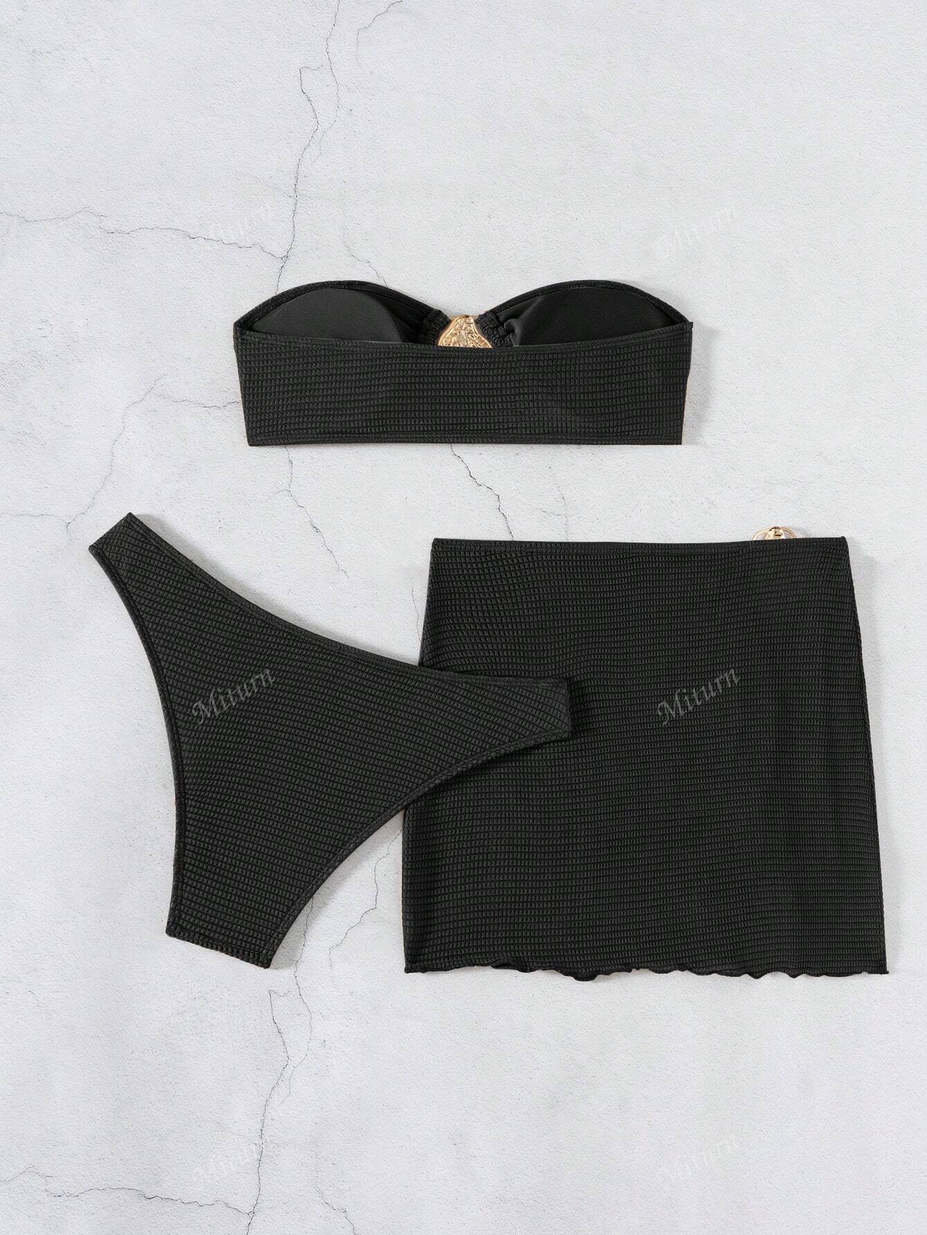 3 Peças Novo Conjunto de Maiô Bikini Fashion Sexy Cor Sólida em Marrom, Para Praia de Verão para Mulheres, Conjunto de Sutiã de Alça e Parte Inferior de Maiô Bikini