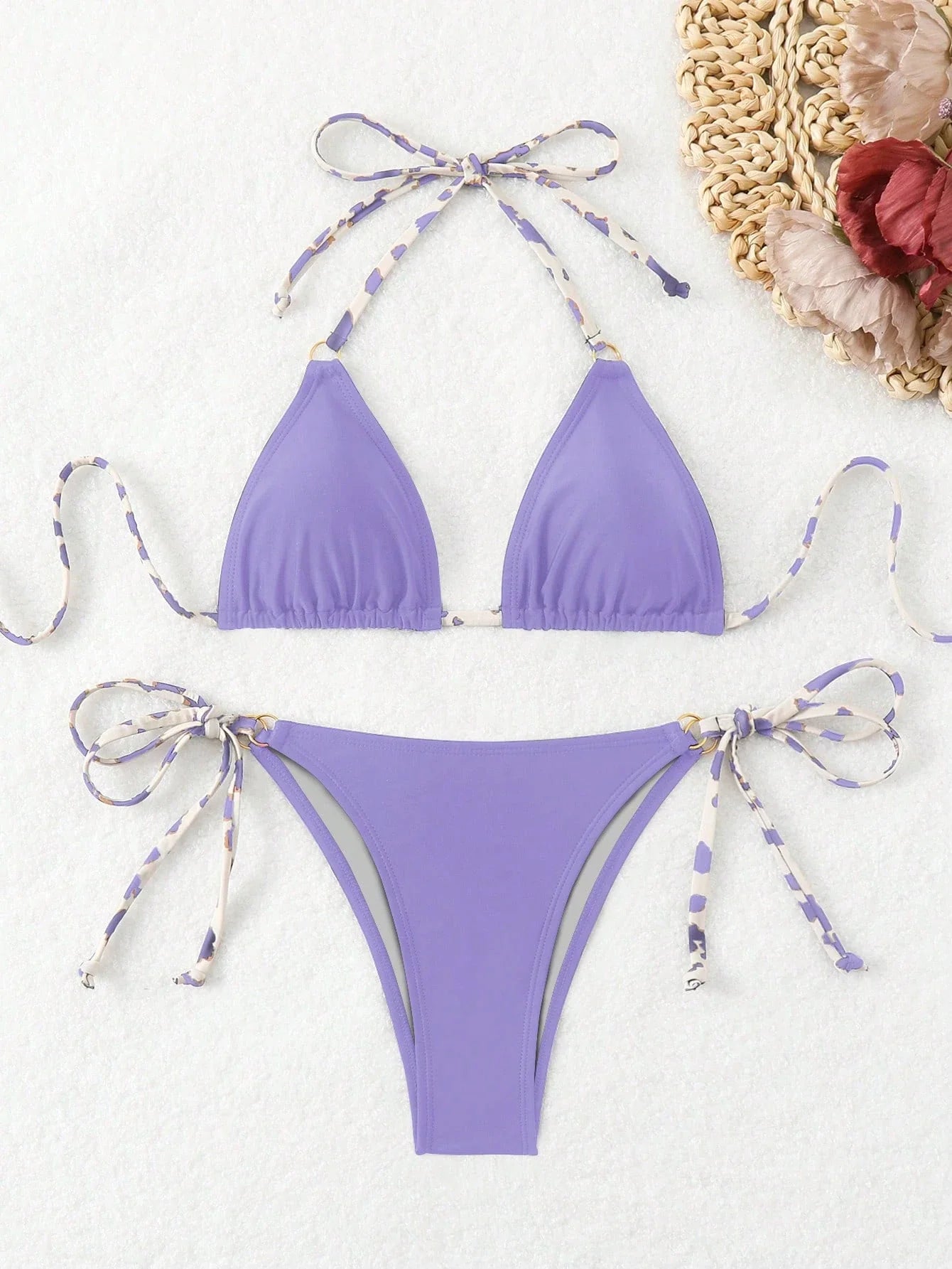 SHEIN Swim Conjunto de Maiô Bikini Estampado Aleatório, Decote em Halter, Costas Vazadas, Sensual, Praia de Verão