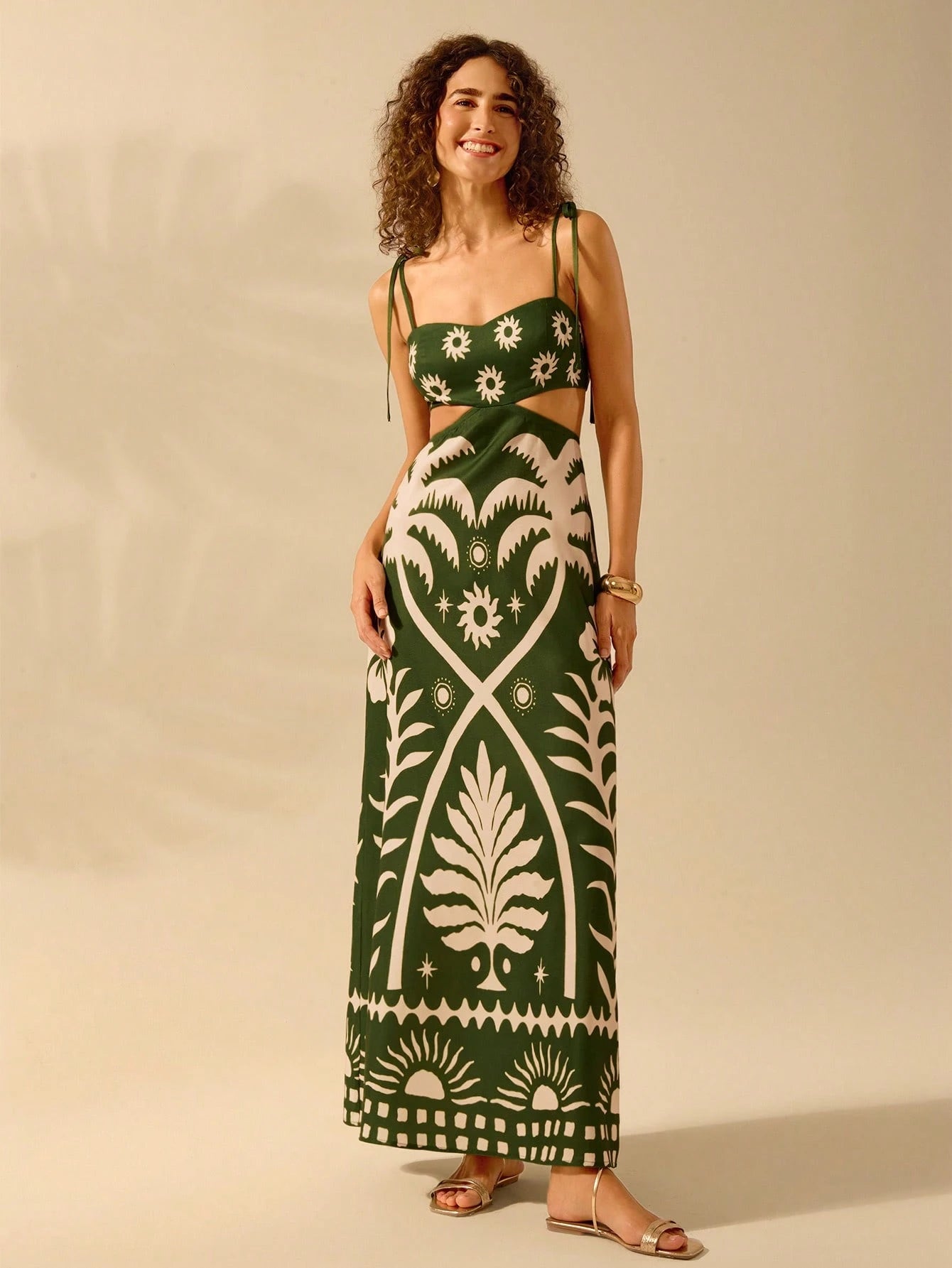 CAJUNI Vestido Boho Feminino Estampa de Árvore de Banana, Vestido Preto Casual de Verão com Amarração Oca na Cintura Sem Mangas, Vestido Casual de Férias