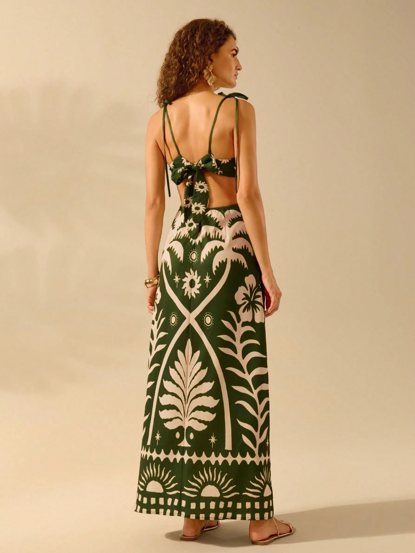 CAJUNI Vestido Boho Feminino Estampa de Árvore de Banana, Vestido Preto Casual de Verão com Amarração Oca na Cintura Sem Mangas, Vestido Casual de Férias