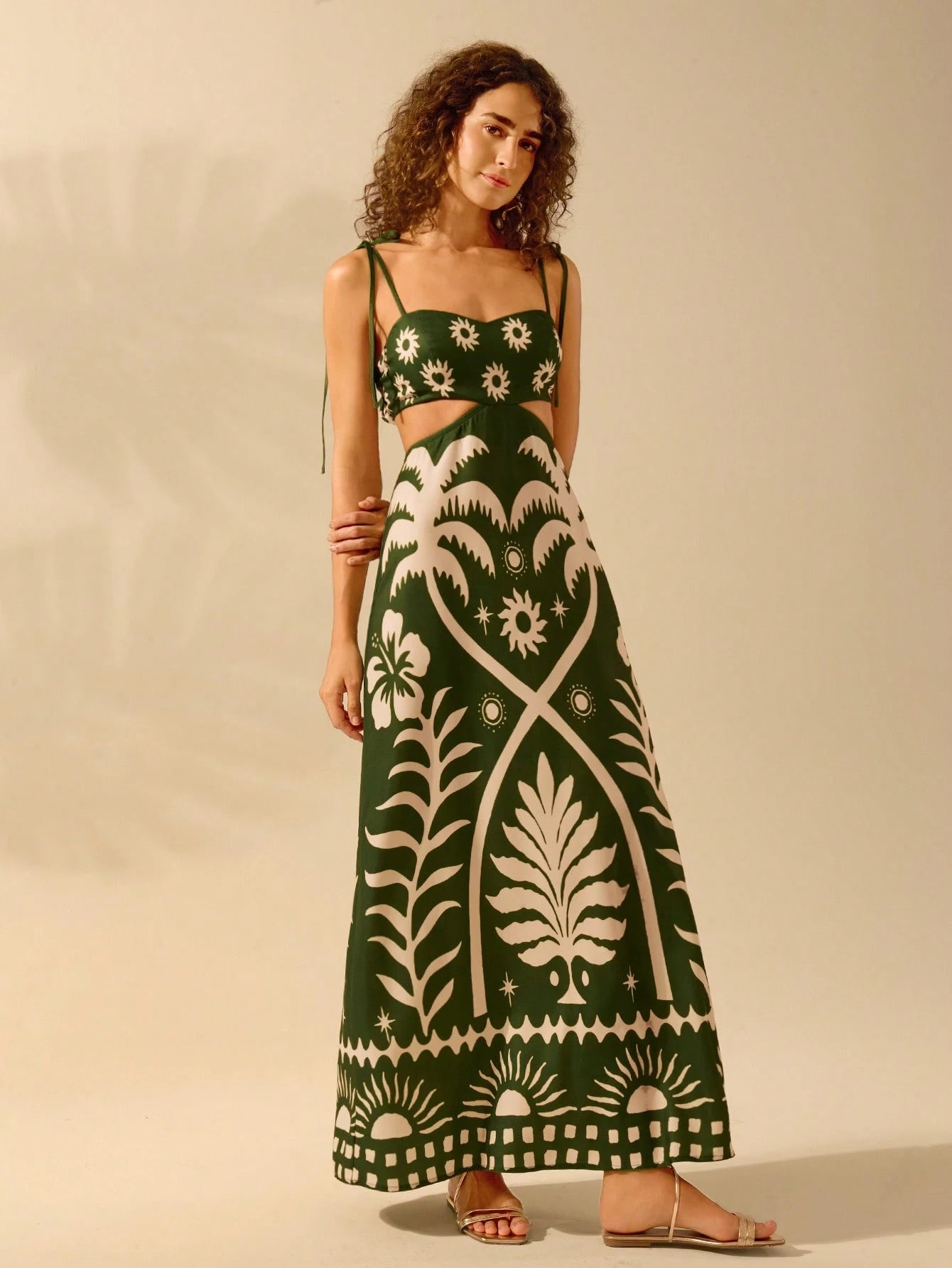 CAJUNI Vestido Boho Feminino Estampa de Árvore de Banana, Vestido Preto Casual de Verão com Amarração Oca na Cintura Sem Mangas, Vestido Casual de Férias