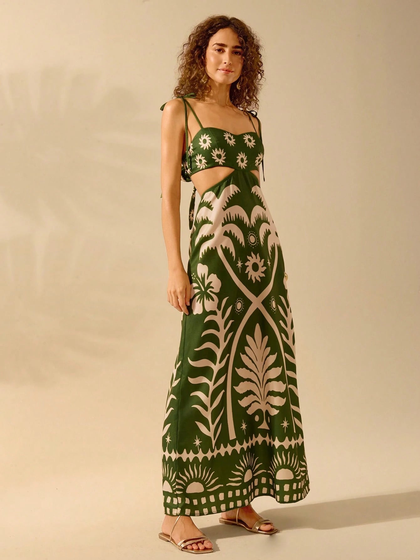 CAJUNI Vestido Boho Feminino Estampa de Árvore de Banana, Vestido Preto Casual de Verão com Amarração Oca na Cintura Sem Mangas, Vestido Casual de Férias