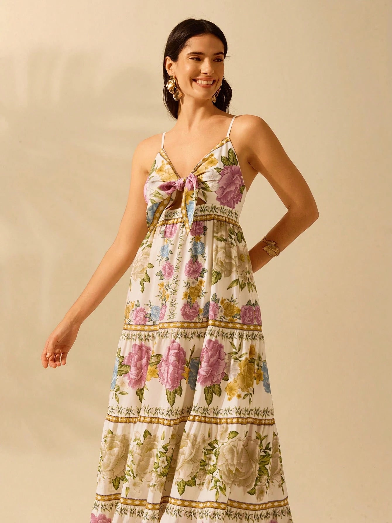 CAJUNI Vestido de Praia Boêmio Elegante e Fofo com Estampa Floral, Amarrado, Oco e Camadas, Feminino, de Férias, Lazer, Verão e Tropical