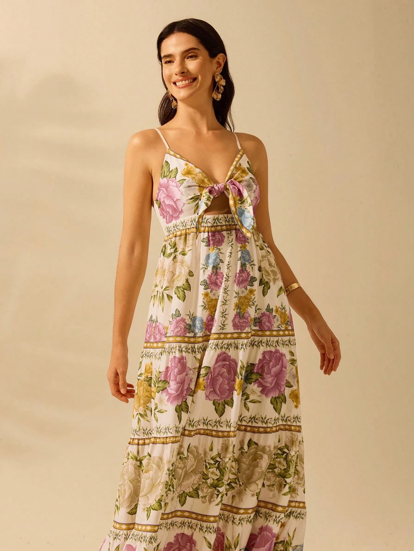 CAJUNI Vestido de Praia Boêmio Elegante e Fofo com Estampa Floral, Amarrado, Oco e Camadas, Feminino, de Férias, Lazer, Verão e Tropical