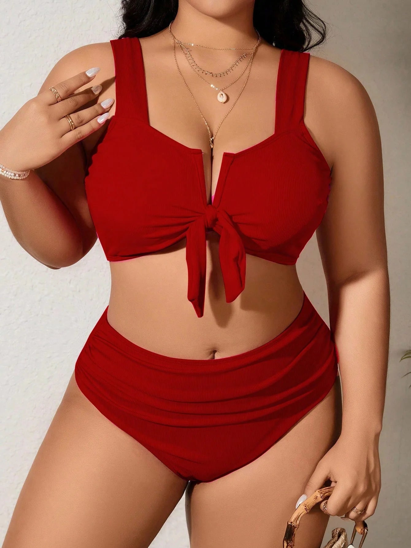 SHEIN Swim Curve 2 Peças/Conjunto Maiô Bikini com Fita Ajustável e Laço em Marrom Plus Size, Verão