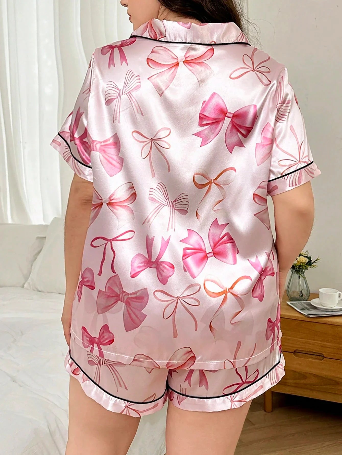 Dream Adore Conjunto de Pijama com Cardigan e Shorts com Estampa de Laço de Cetim Estilo Y2K, Plus Size