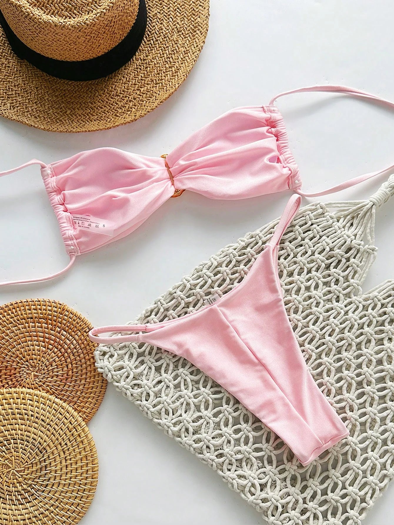 SHEIN Swim Conjunto de Maiô Bikini Feminino Strapless de Verão Solid Color com Amarração e Decoração Metálica, Sexy
