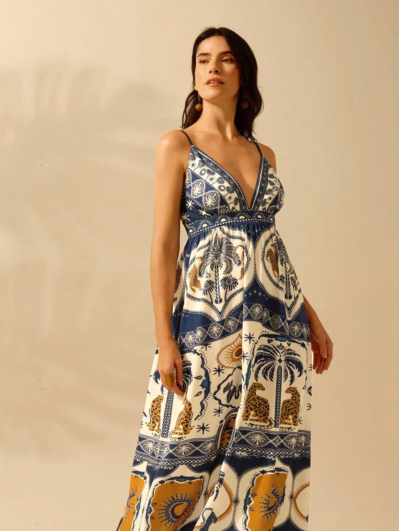CAJUNI Vestido Casual de Praia de Verão com Decote em V, Estampa Boho de Leopardo, Palmeira, Folha de Monstra, Flor Tropical para Férias