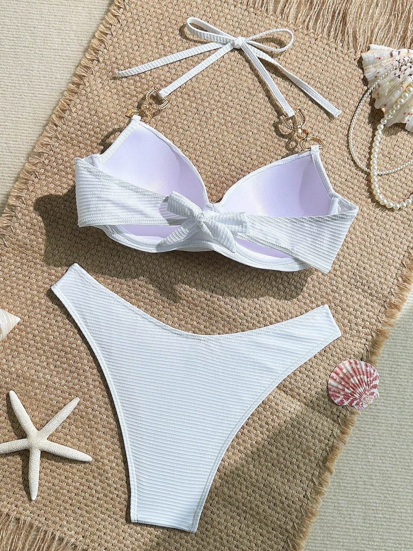 Swim Lushoire 2 Peças Conjunto de Maiô Bikini com Top em Tecido Canelado com Alça de Apoio e Sunga Regular de Estilo de Férias