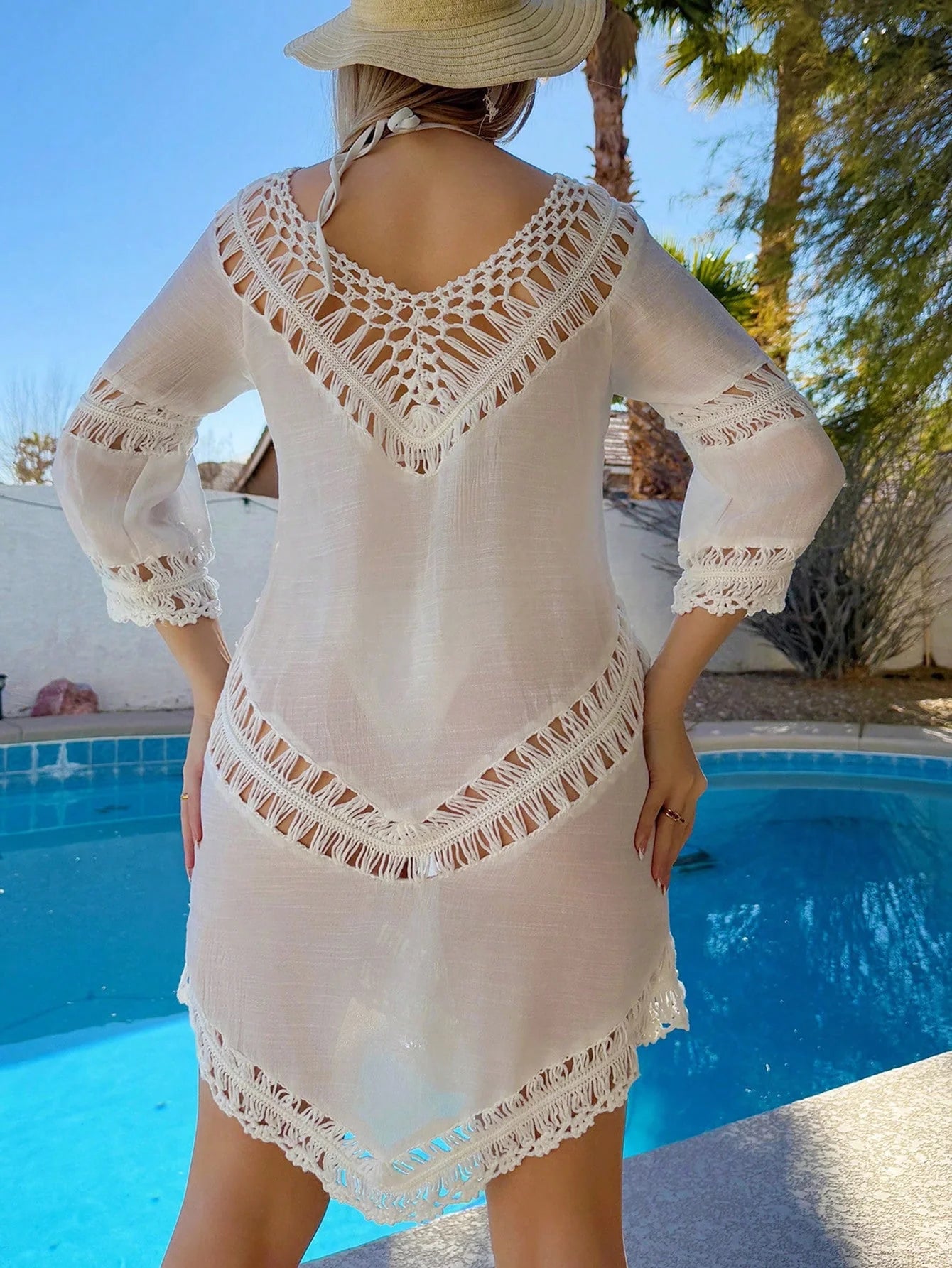 SHEIN Swim Roupas de Praia Femininas de Verão, Vestido de Praia Boho Cor Sólida Tecido Oco de Crochê Estilo Bikini Cover Up