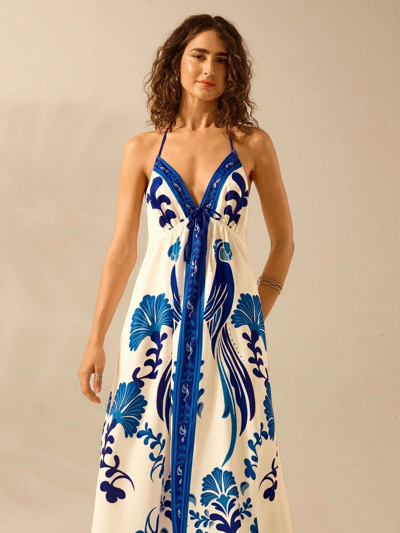 CAJUNI Vestido de Verão Casual para Praia, Estampa Tropical Boho de Flores e Árvore de Coco, Alças Finas com Cadarço, Mulheres