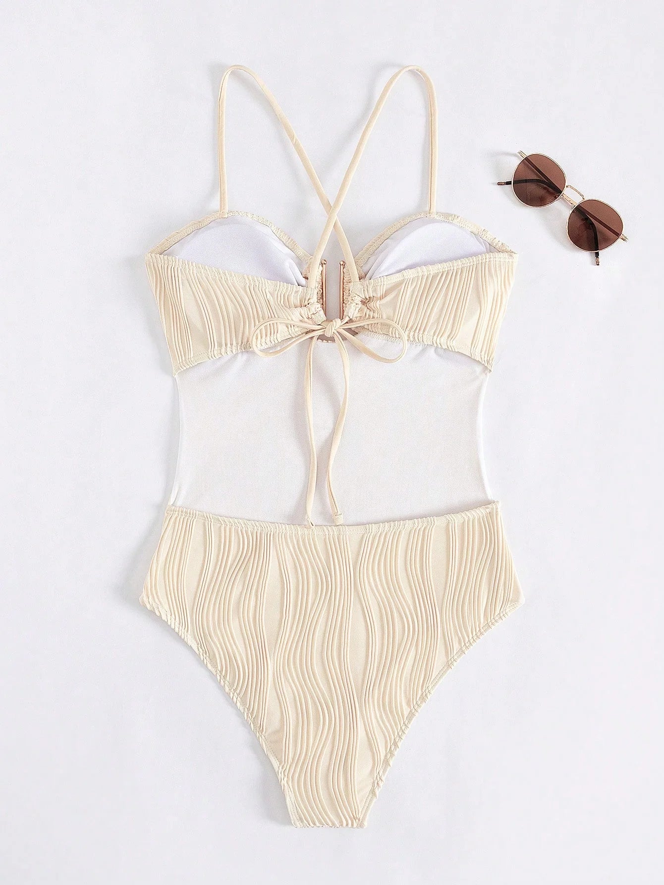 SHEIN Swim Maiô Elegante Feminino com Textura Ondulada Sólida, Decote U, Decoração de Metal, Alças Cruzadas nas Costas, Ideal para Praia e Férias de Verão