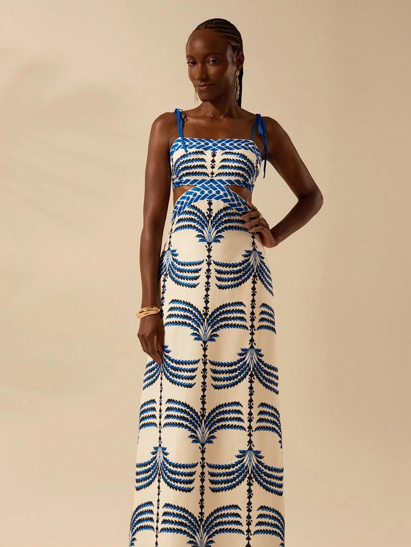CAJUNI Vestido Boho Feminino Estampa de Árvore de Banana, Vestido Preto Casual de Verão com Amarração Oca na Cintura Sem Mangas, Vestido Casual de Férias