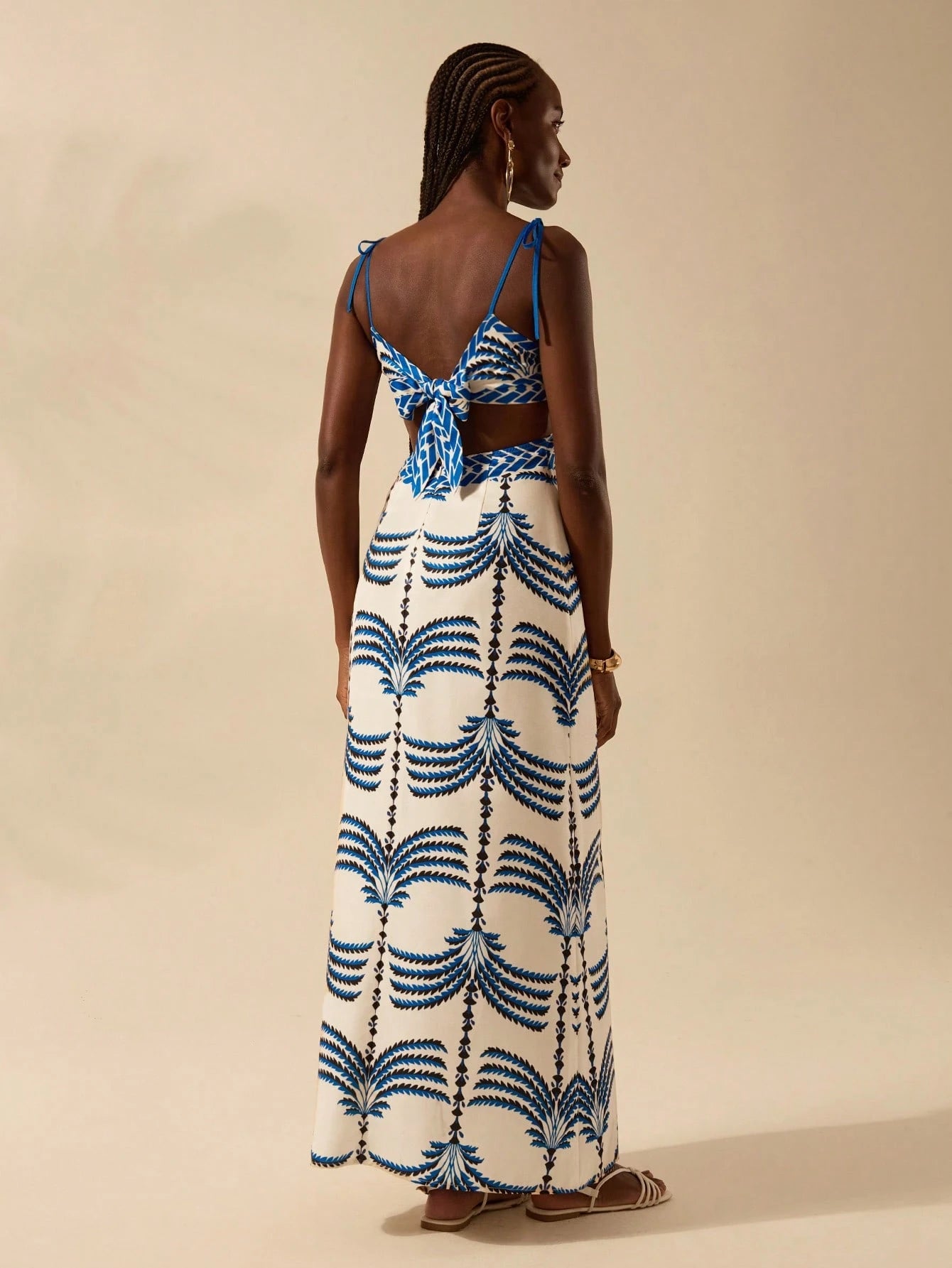 CAJUNI Vestido Boho Feminino Estampa de Árvore de Banana, Vestido Preto Casual de Verão com Amarração Oca na Cintura Sem Mangas, Vestido Casual de Férias