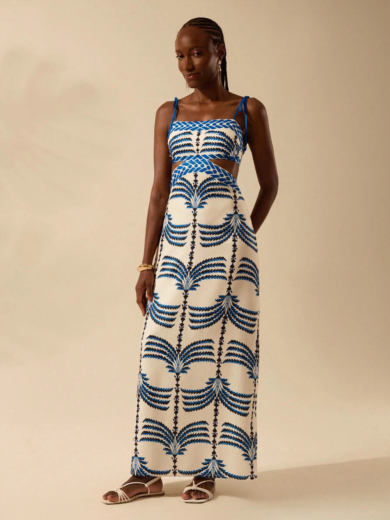 CAJUNI Vestido Boho Feminino Estampa de Árvore de Banana, Vestido Preto Casual de Verão com Amarração Oca na Cintura Sem Mangas, Vestido Casual de Férias