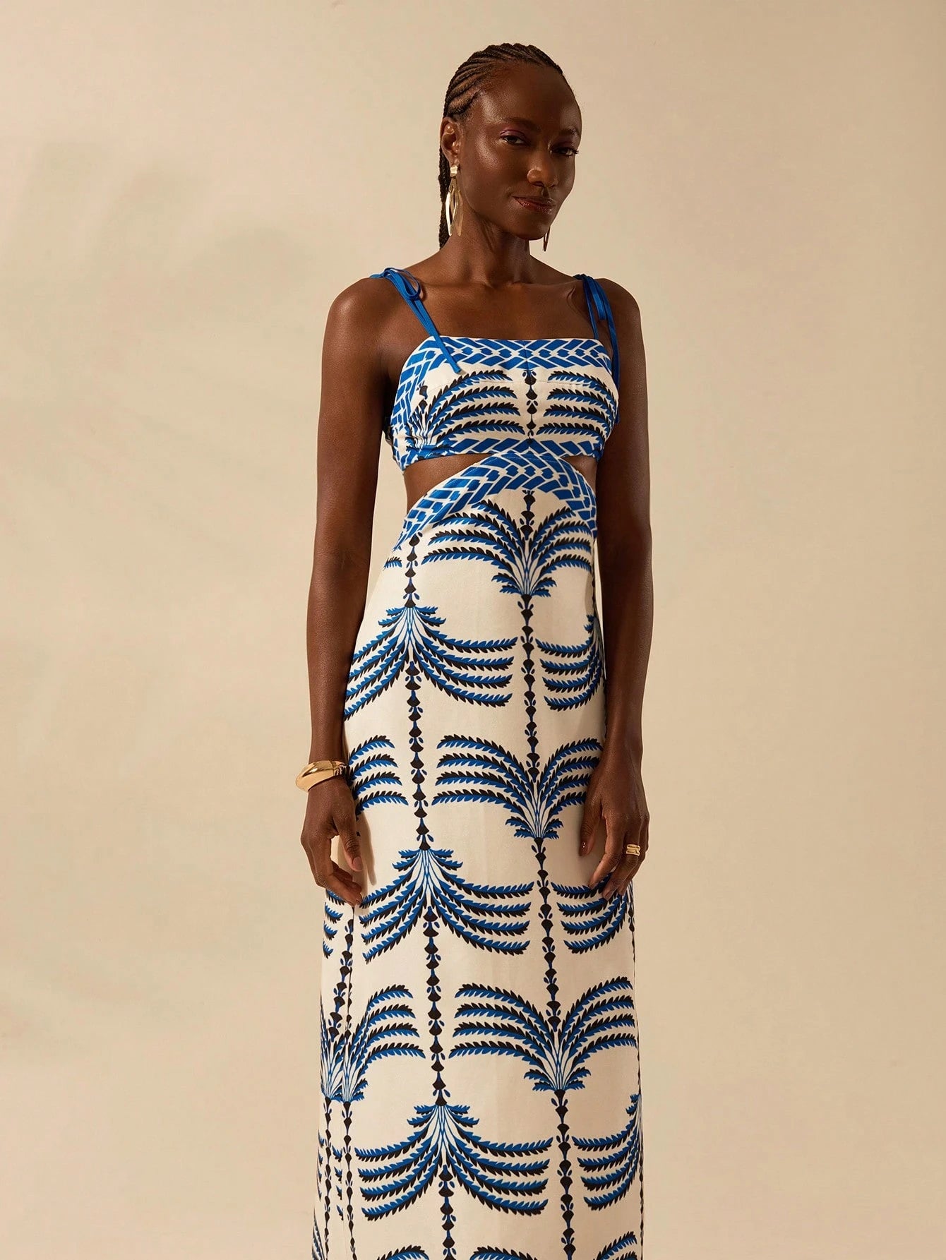 CAJUNI Vestido Boho Feminino Estampa de Árvore de Banana, Vestido Preto Casual de Verão com Amarração Oca na Cintura Sem Mangas, Vestido Casual de Férias