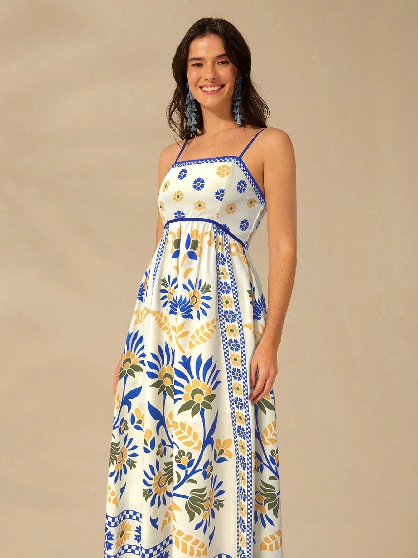 CAJUNI Vestido de Verão Casual Feminino com Estampa de Selenipédio e Azálea, de Tiras Finas e Costas Abertas, Elegante e Gracioso