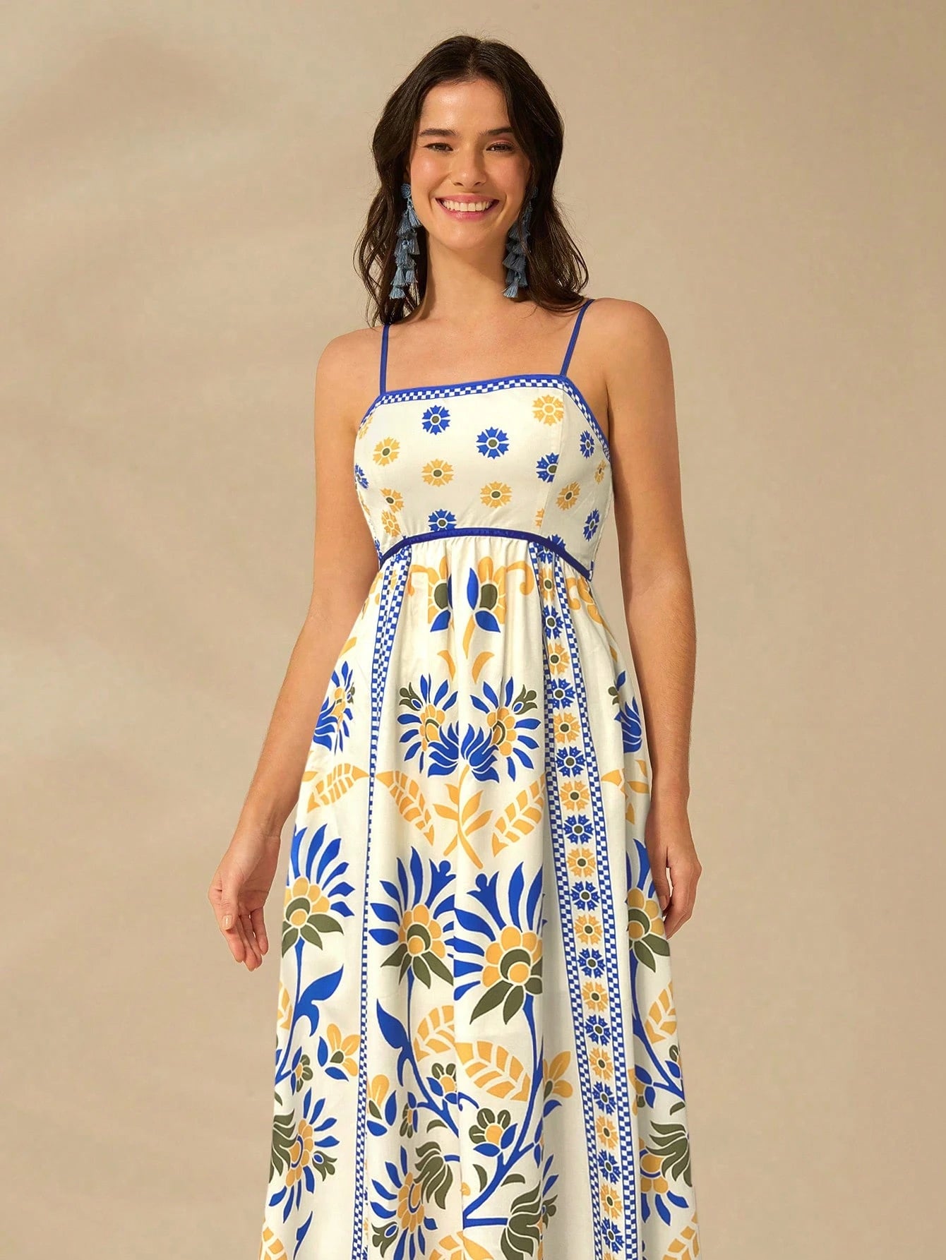 CAJUNI Vestido de Verão Casual Feminino com Estampa de Selenipédio e Azálea, de Tiras Finas e Costas Abertas, Elegante e Gracioso