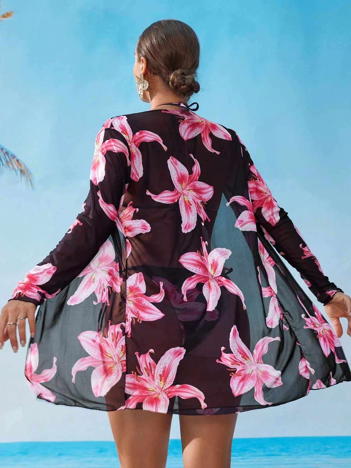 Swim Vcay Conjunto de biquíni malha impressão floral triângulo sutiã top & lado do laço bottom biquini & quimonos roupa de banho 3 peças