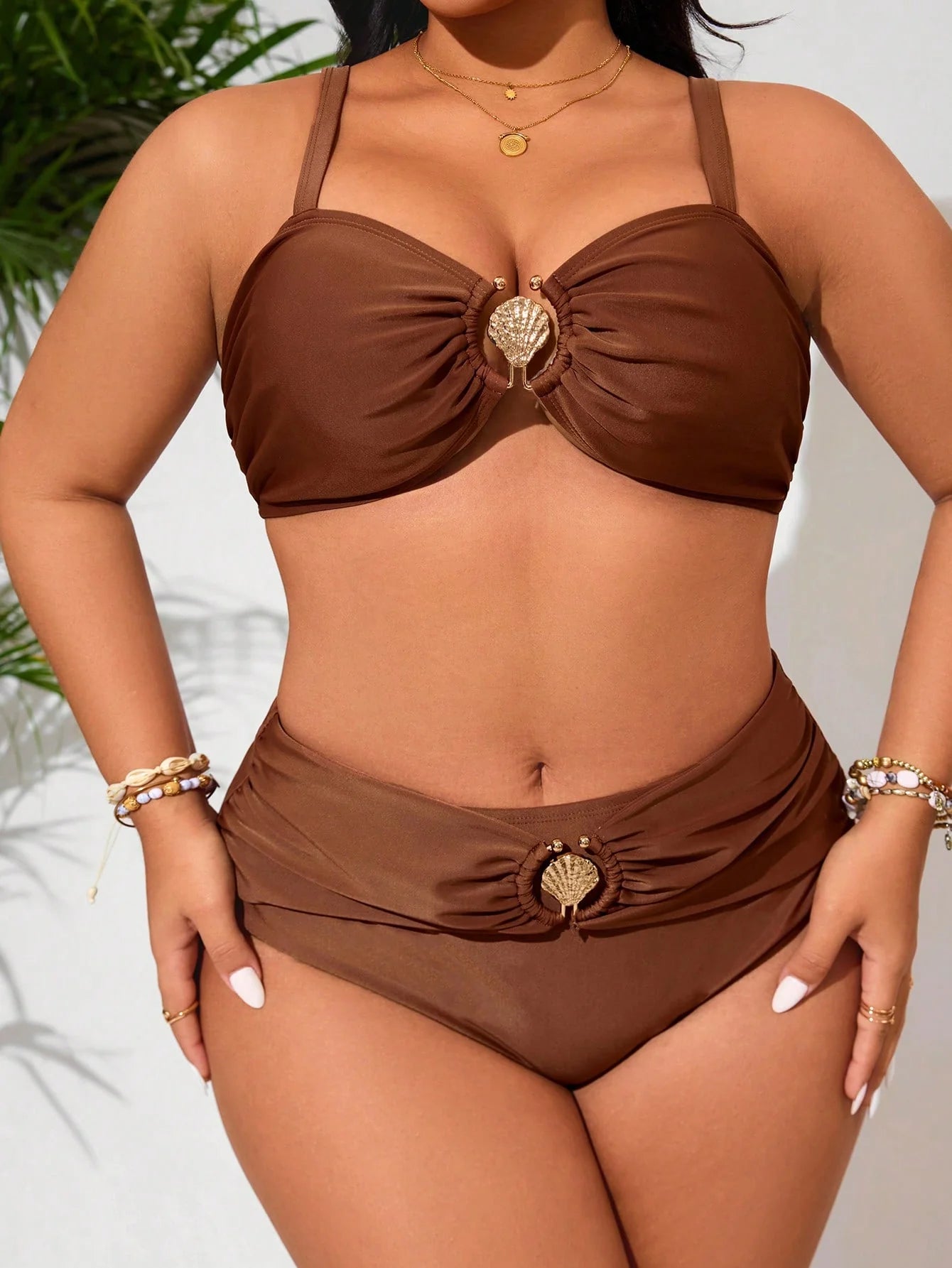 Swim Lushoire Conjunto de Maiô Bikini de 2 Peças com Decoração de Metal em Concha e Alças Duplas, para Mulheres Plus Size, Verão
