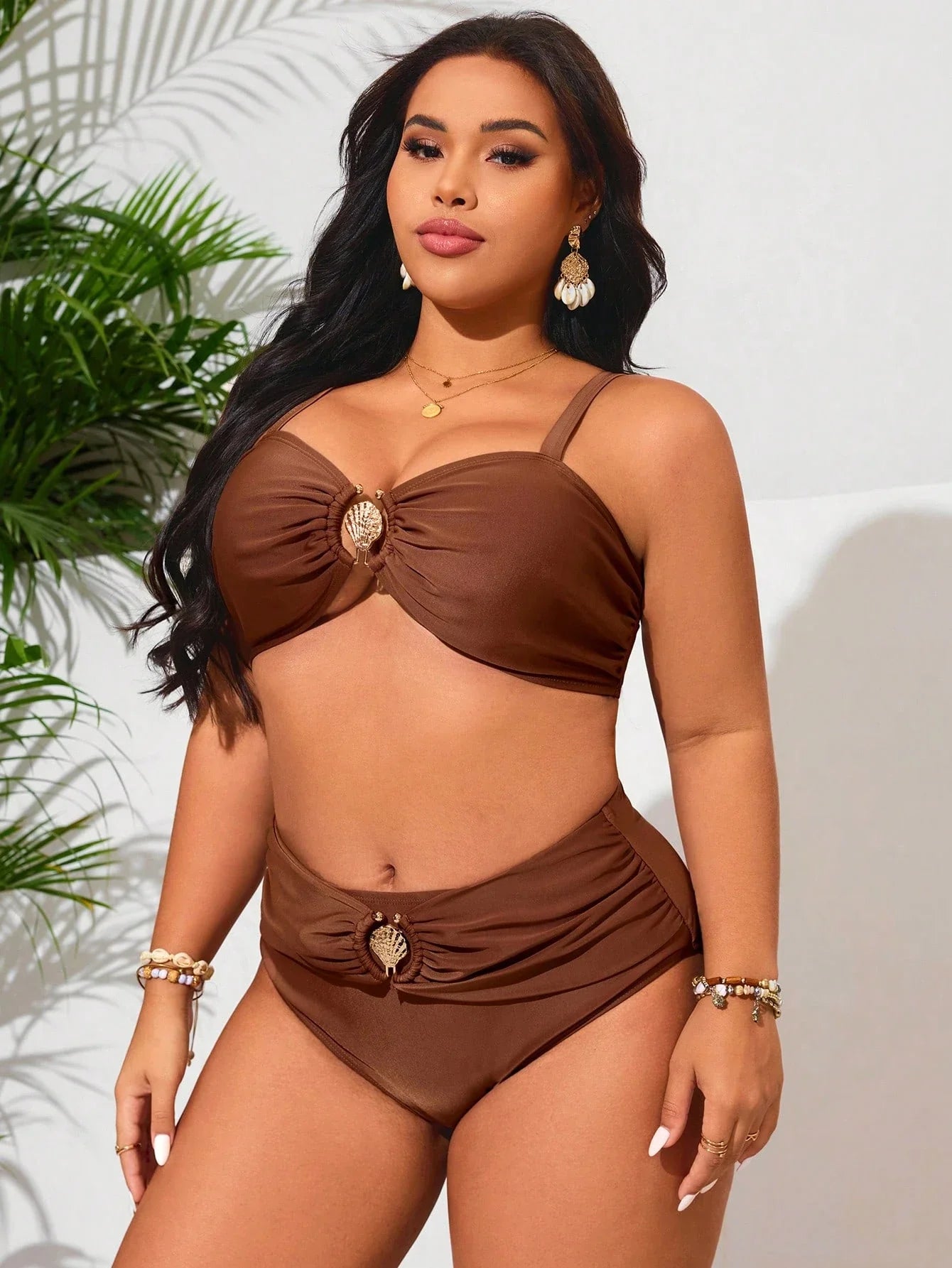Swim Lushoire Conjunto de Maiô Bikini de 2 Peças com Decoração de Metal em Concha e Alças Duplas, para Mulheres Plus Size, Verão