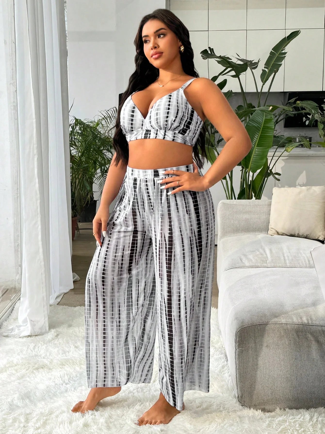 Swim Vcay Conjunto de Maiô Bikini com Três Peças Tie Dye Aleatório Tamanho Plus Size para Praia de Verão