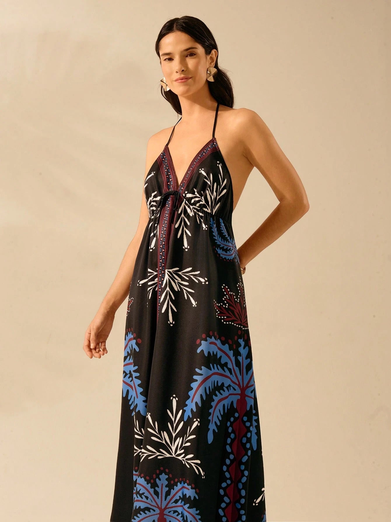 CAJUNI Vestido de Verão Casual para Praia, Estampa Tropical Boho de Flores e Árvore de Coco, Alças Finas com Cadarço, Mulheres