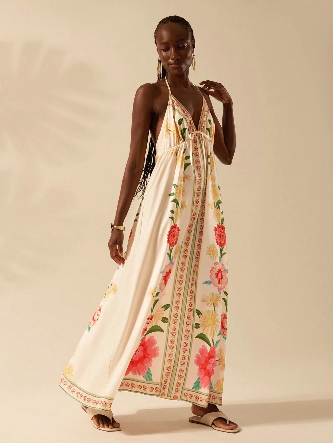 CAJUNI Vestido de Verão Casual para Praia, Estampa Tropical Boho de Flores e Árvore de Coco, Alças Finas com Cadarço, Mulheres