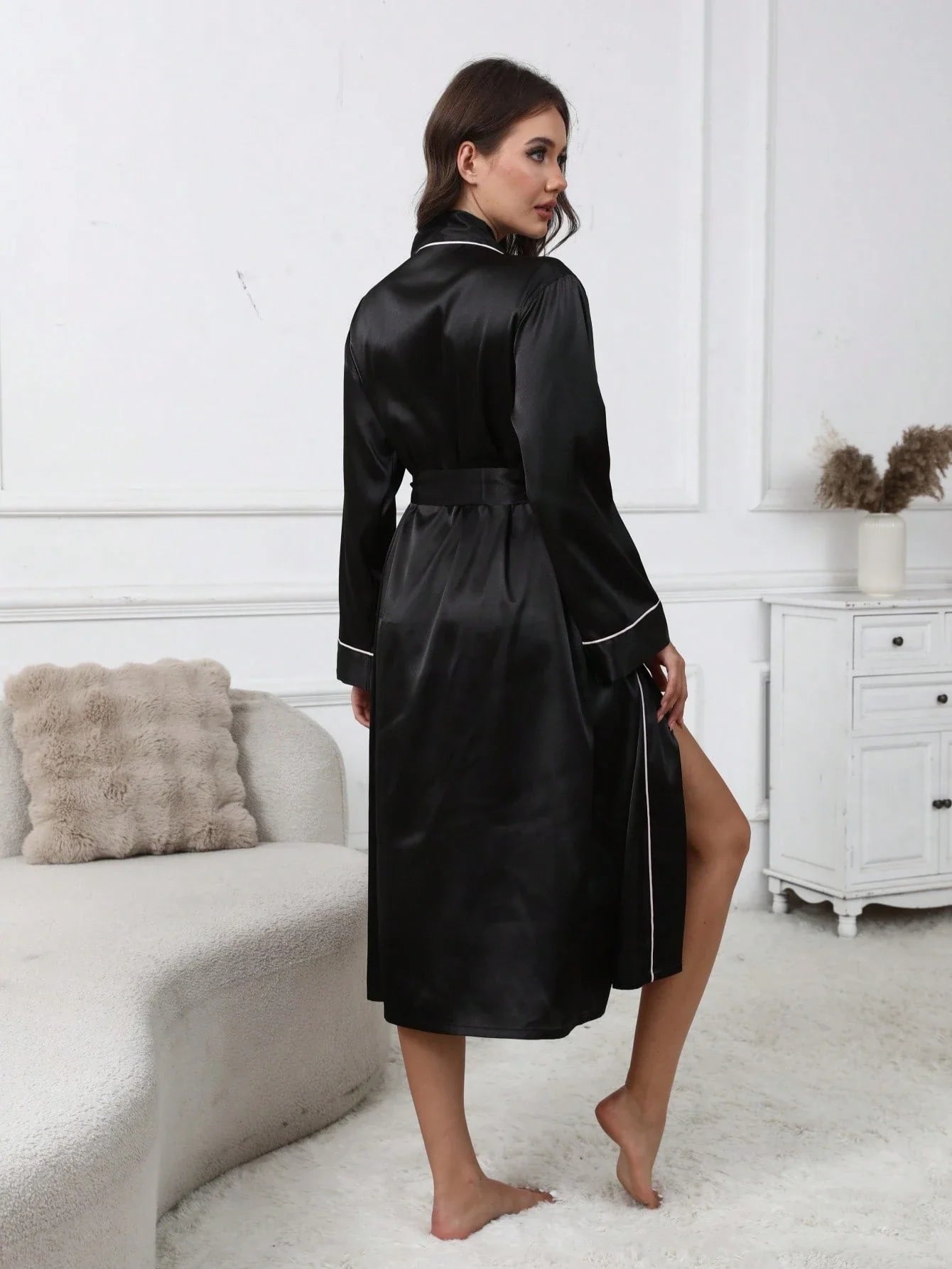 1 peça Roupão feminino elegante e luxuoso design com cinto decote em V