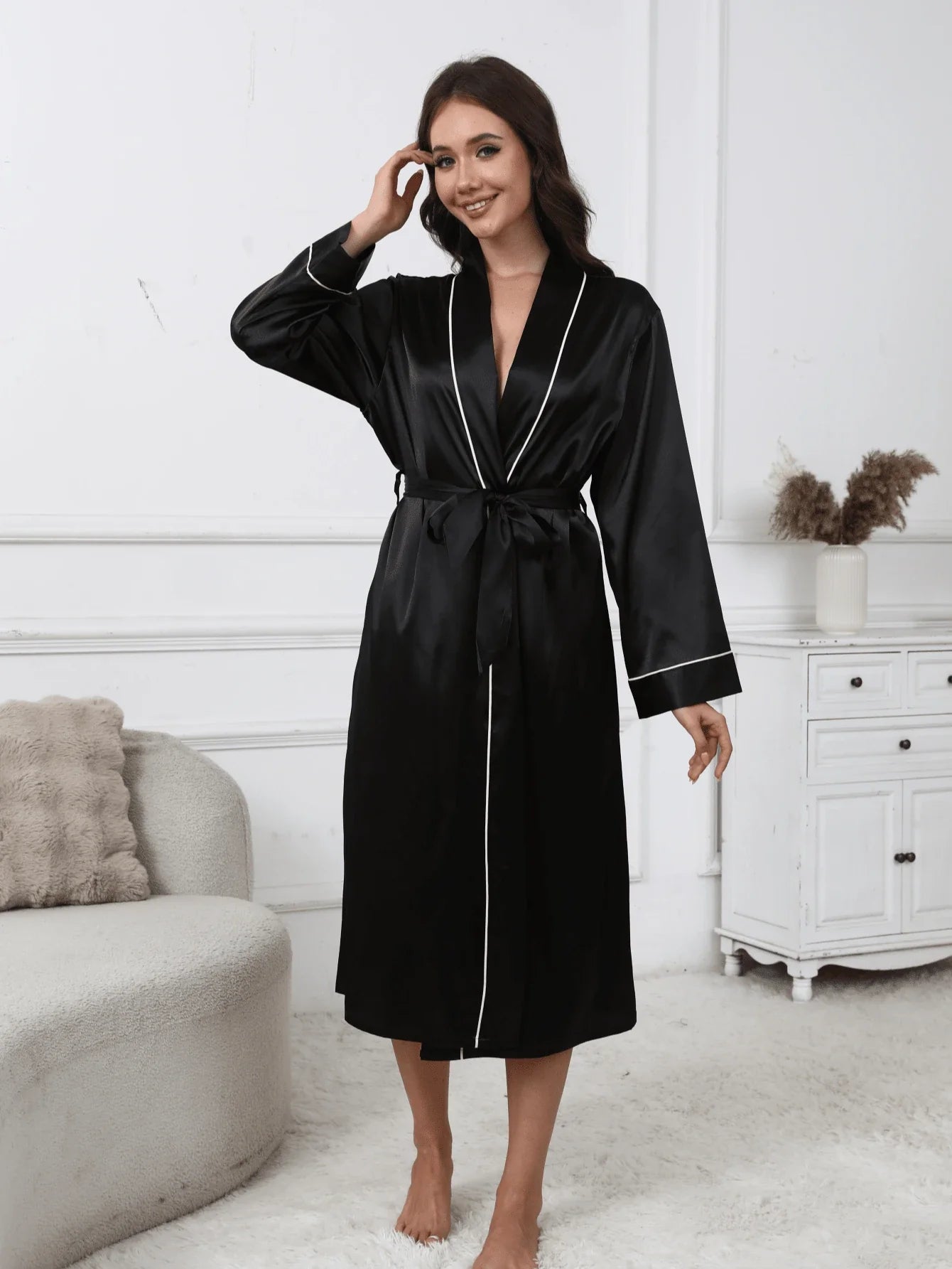1 peça Roupão feminino elegante e luxuoso design com cinto decote em V
