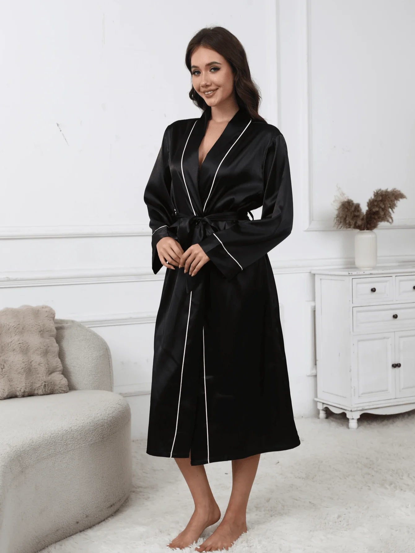 1 peça Roupão feminino elegante e luxuoso design com cinto decote em V