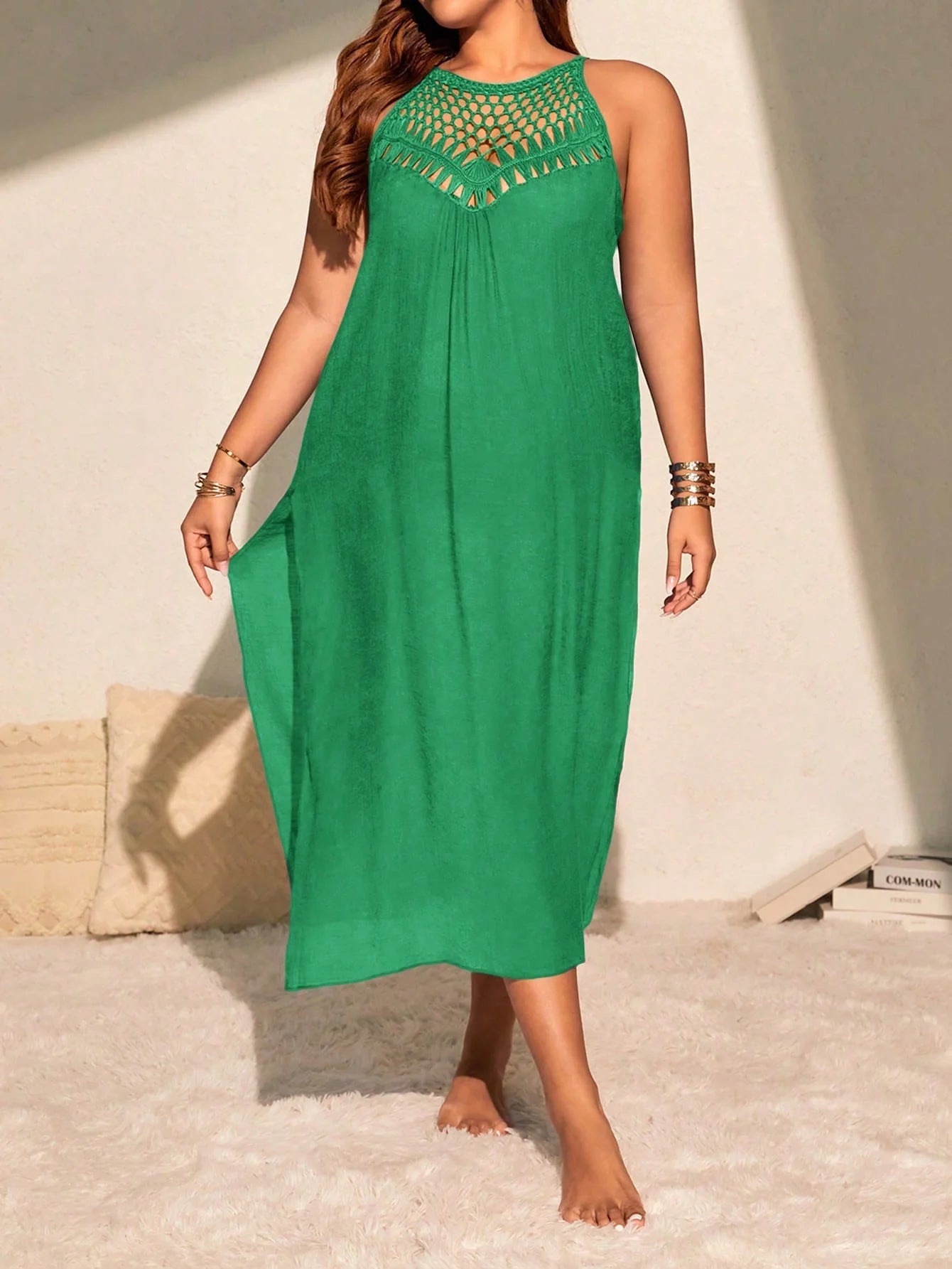 SHEIN VCAY Vestido Longo de Praia Plus Size Crochê Manual Vazado Sexy e Ajustado com Fenda Lateral, Leve