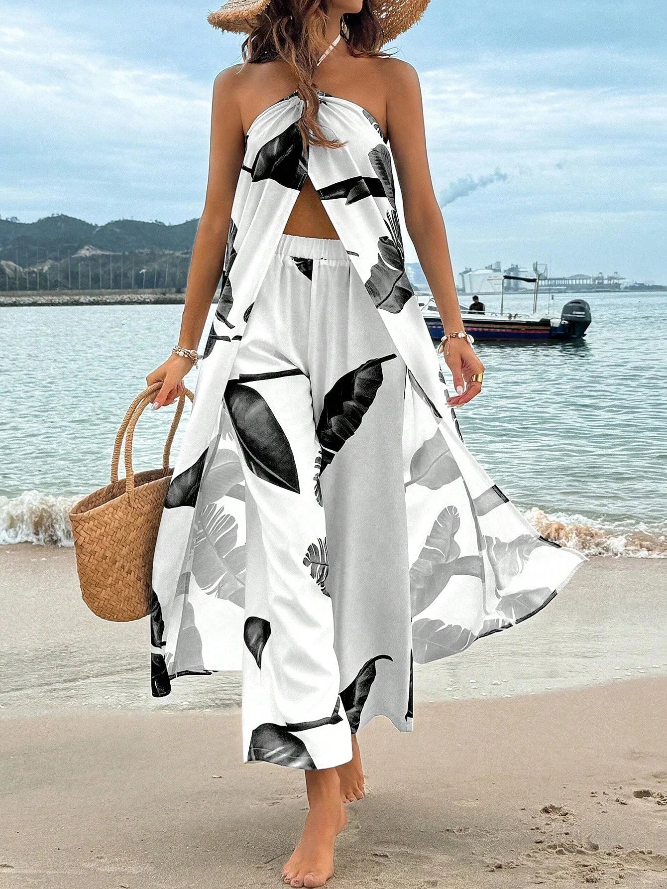 Breezaya Conjunto De Duas Peças Com Top Halter De Fenda Alta E Calça Boca Larga Com Cintura Elástica Com Estampa De Planta Tropical Para Primavera E Verão