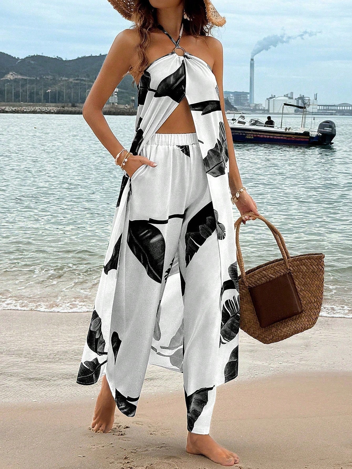 Breezaya Conjunto De Duas Peças Com Top Halter De Fenda Alta E Calça Boca Larga Com Cintura Elástica Com Estampa De Planta Tropical Para Primavera E Verão