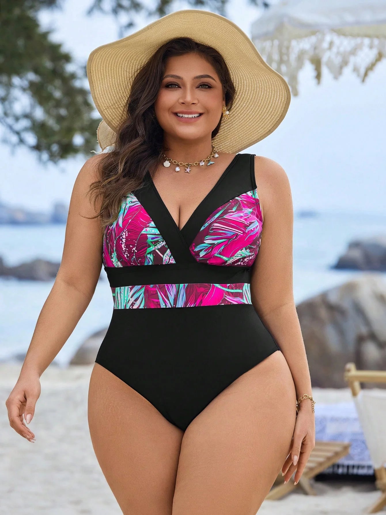 Swim Lushoire Maiô Plus Size com Estampa de Praia e Colorblock