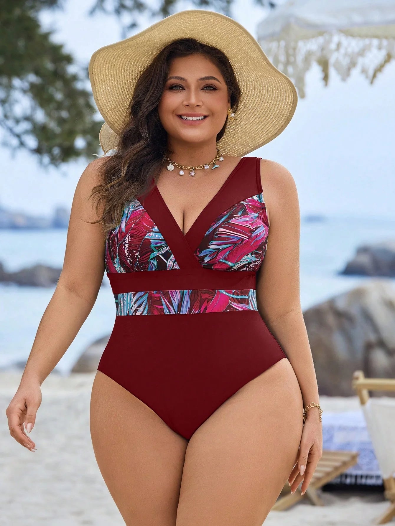 Swim Lushoire Maiô Plus Size com Estampa de Praia e Colorblock
