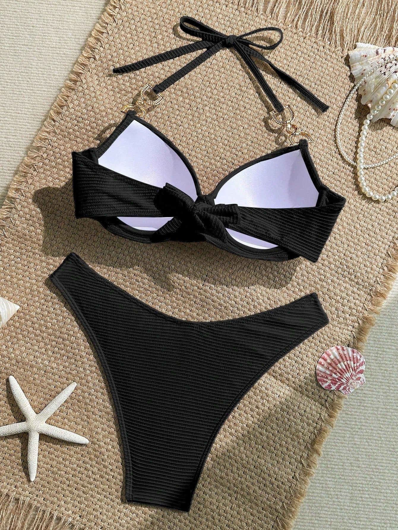 Swim Lushoire 2 Peças Conjunto de Maiô Bikini com Top em Tecido Canelado com Alça de Apoio e Sunga Regular de Estilo de Férias