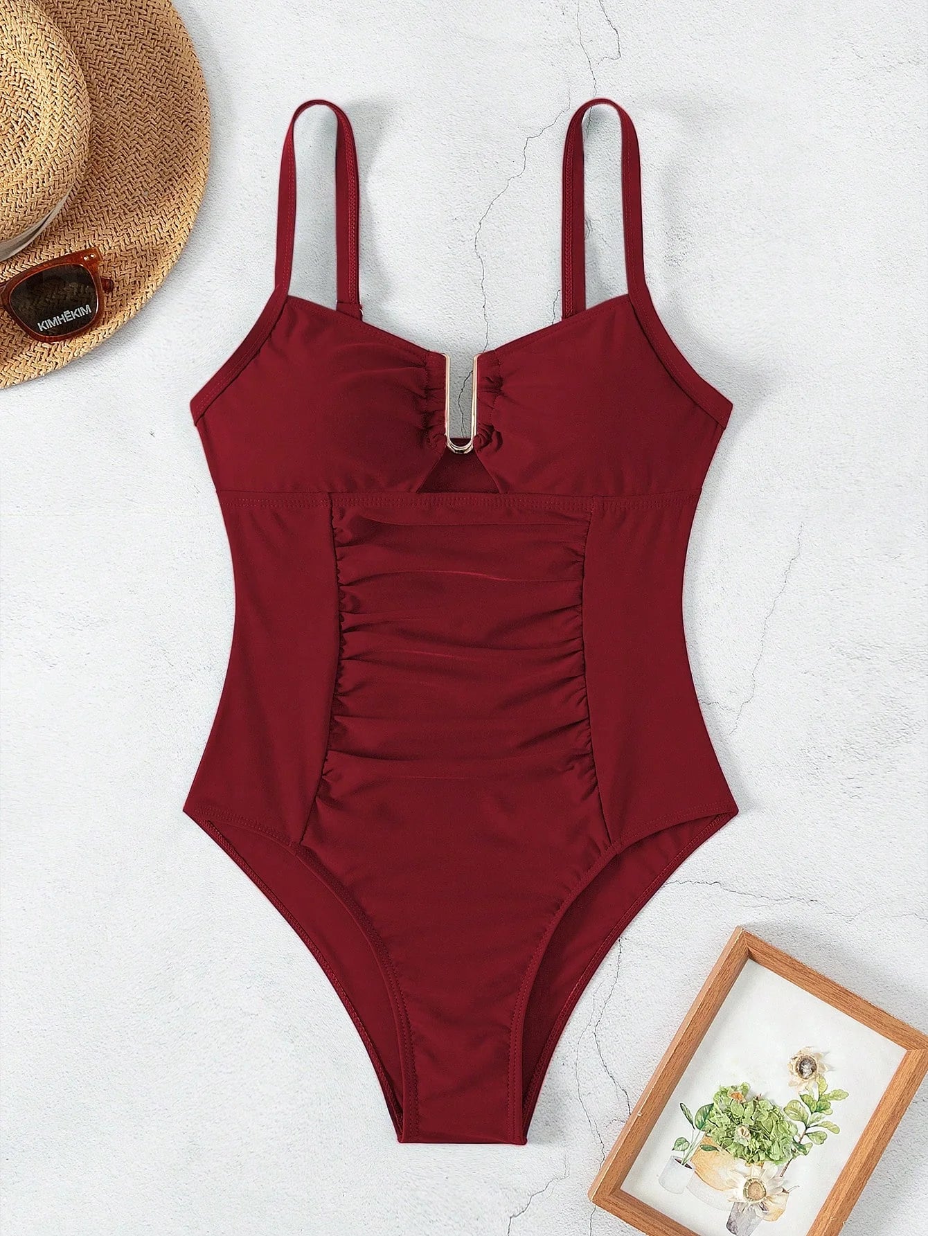 SHEIN Swim Maiô Feminino de Cor Sólida Com Decote em U e Recorte, Verão