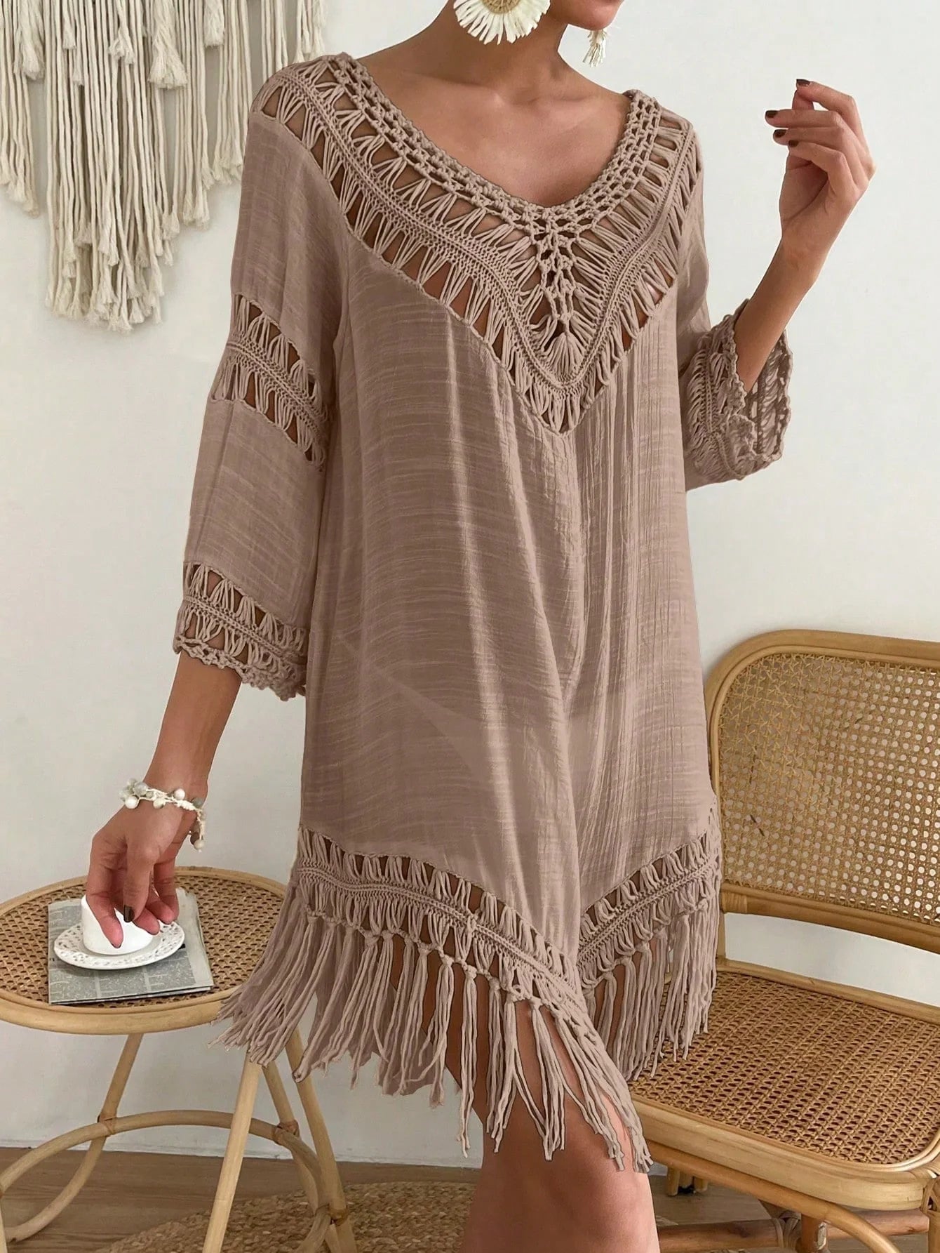 Swim Vcay Capa Tricotada Vazada Feminina, Moda Simples Casual para Férias