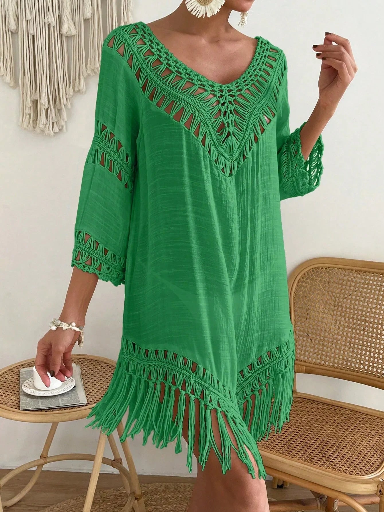 Swim Vcay Capa Tricotada Vazada Feminina, Moda Simples Casual para Férias