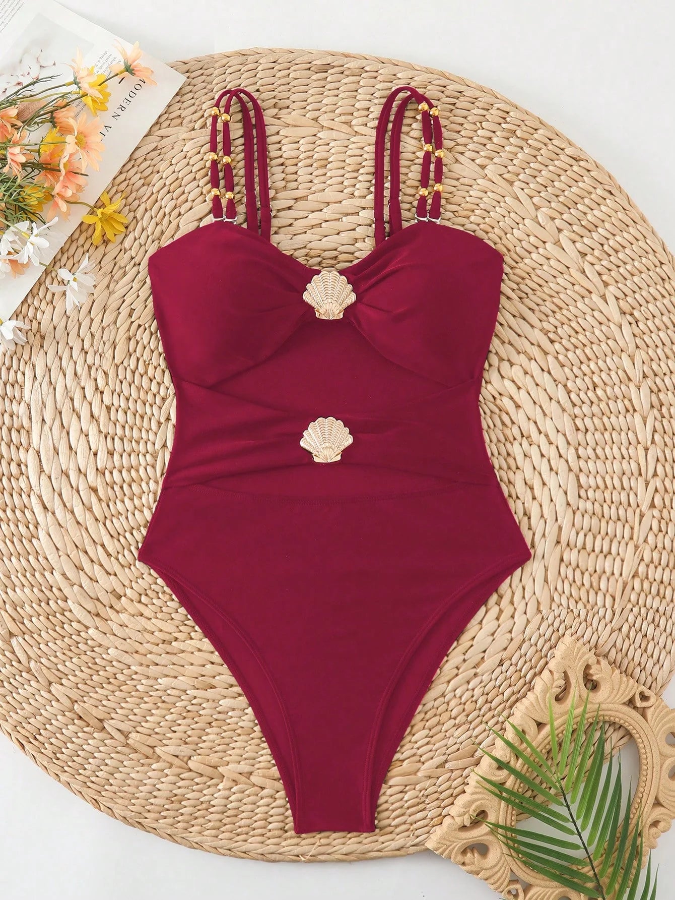 Swim Chiccia Maiô de Uma Peça para Praia e Resort, Decor de Metal, Decote Vazado, com Alças Duplas, Cor Sólida, para Mulheres