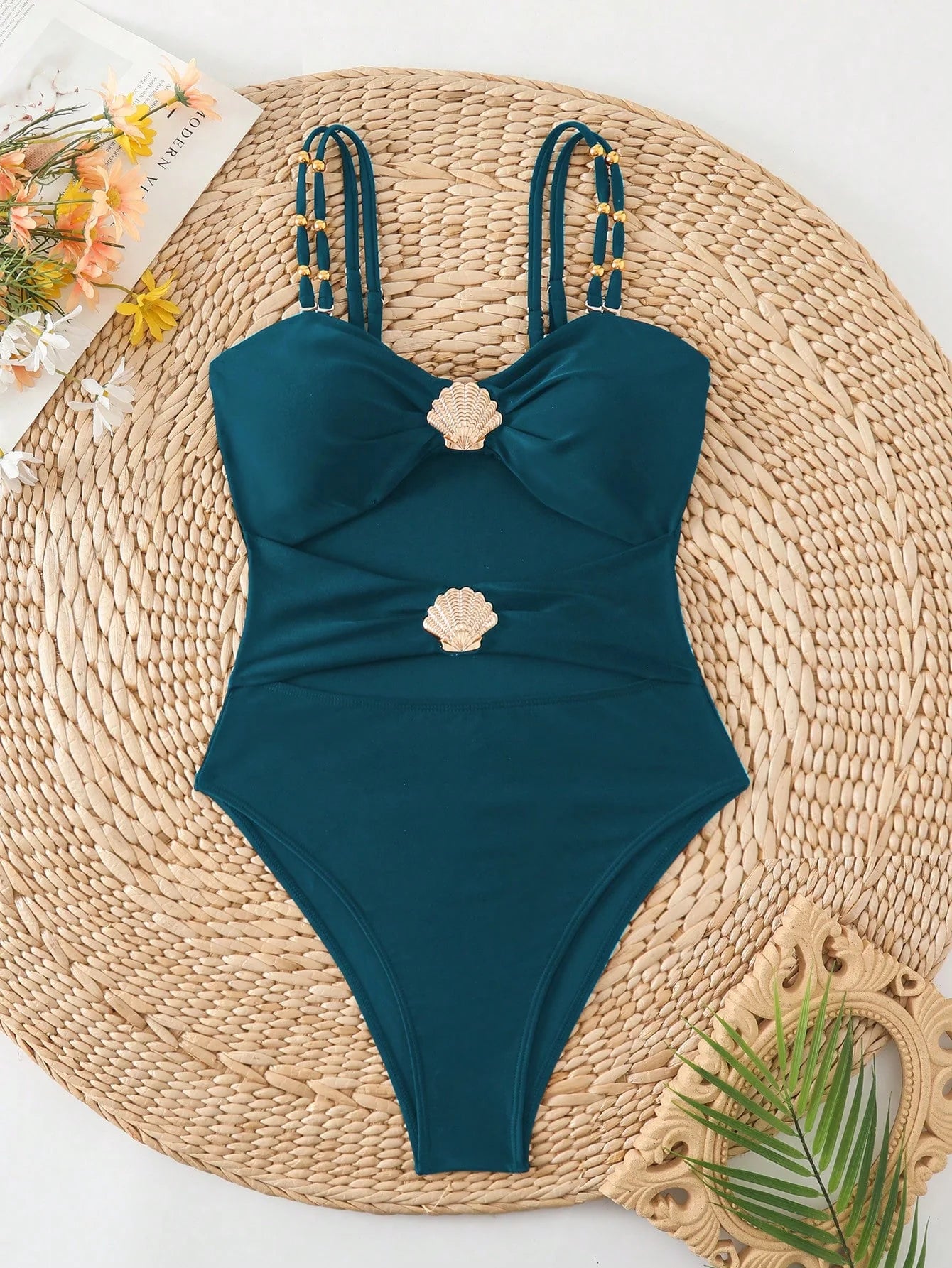 Swim Chiccia Maiô de Uma Peça para Praia e Resort, Decor de Metal, Decote Vazado, com Alças Duplas, Cor Sólida, para Mulheres