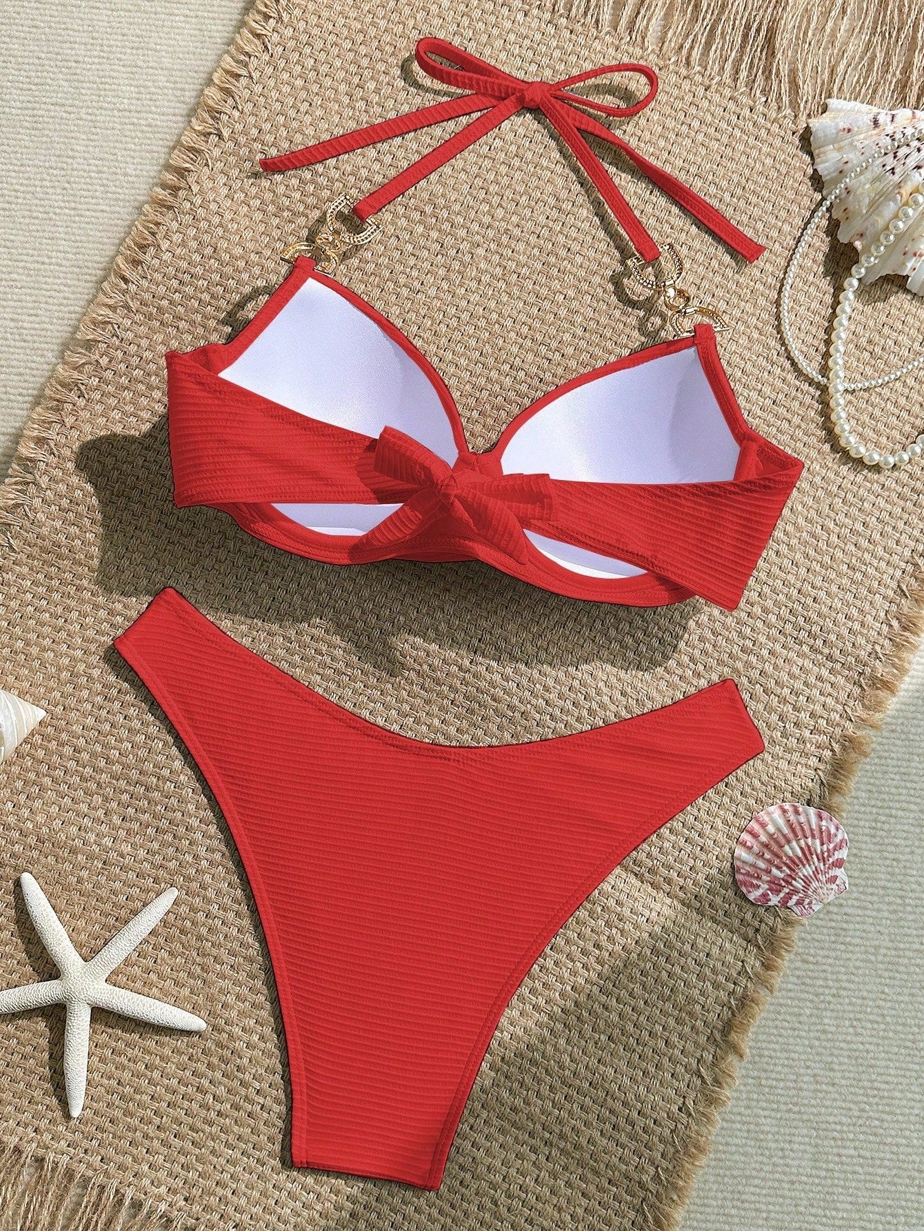 Swim Lushoire 2 Peças Conjunto de Maiô Bikini com Top em Tecido Canelado com Alça de Apoio e Sunga Regular de Estilo de Férias